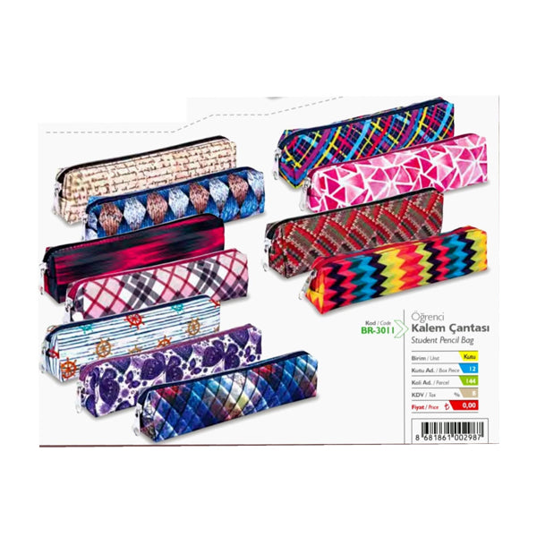 PEN POUCH MEDIUM SIZE 8 ASSORTED FASHIONABLE PATTERNS MADE OF WATERPROOF TEXTILE