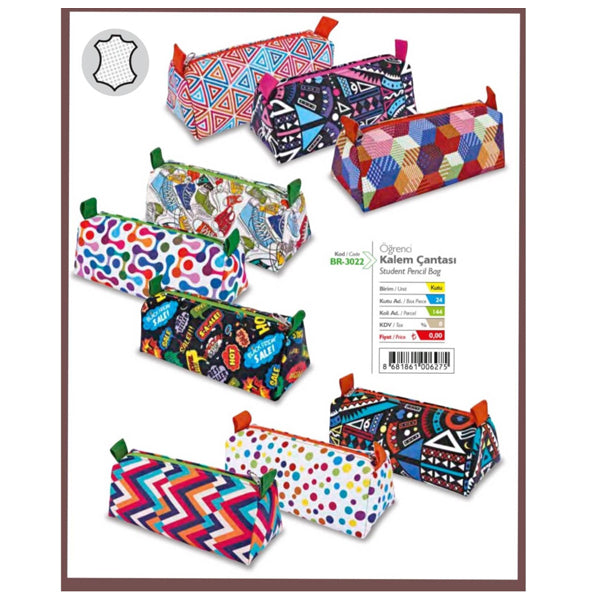PEN POUCH TRIANGULAR LARGE CAPACITY SHAPE 8 ASSORTED FASHIONABLE PATTERNS MADE OF PU LEATHER