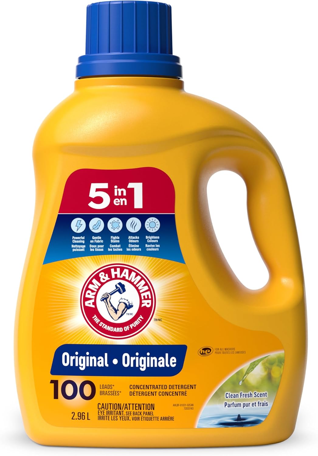 Arm & Hammer Lessive Liquide 2,96 L – 100 Lavages, Eau Froide, Anti-Taches
